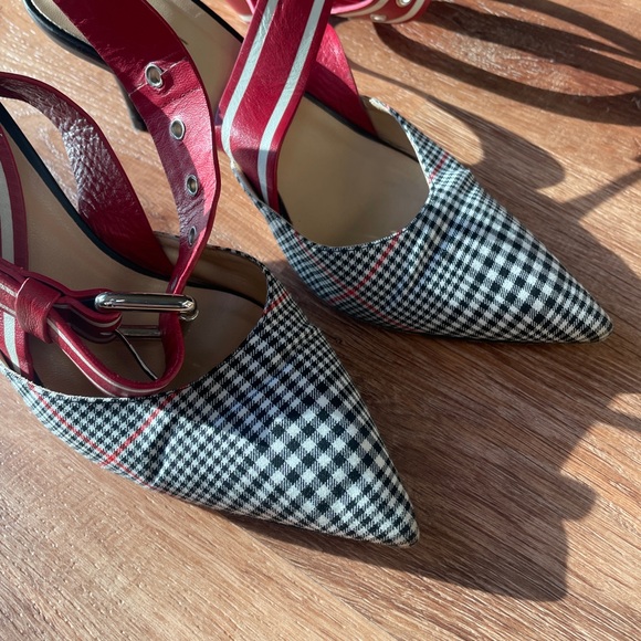 Monse Glen Plaid Racing Stripe Kitten Heels Size 38.5‎ Wrap Leather